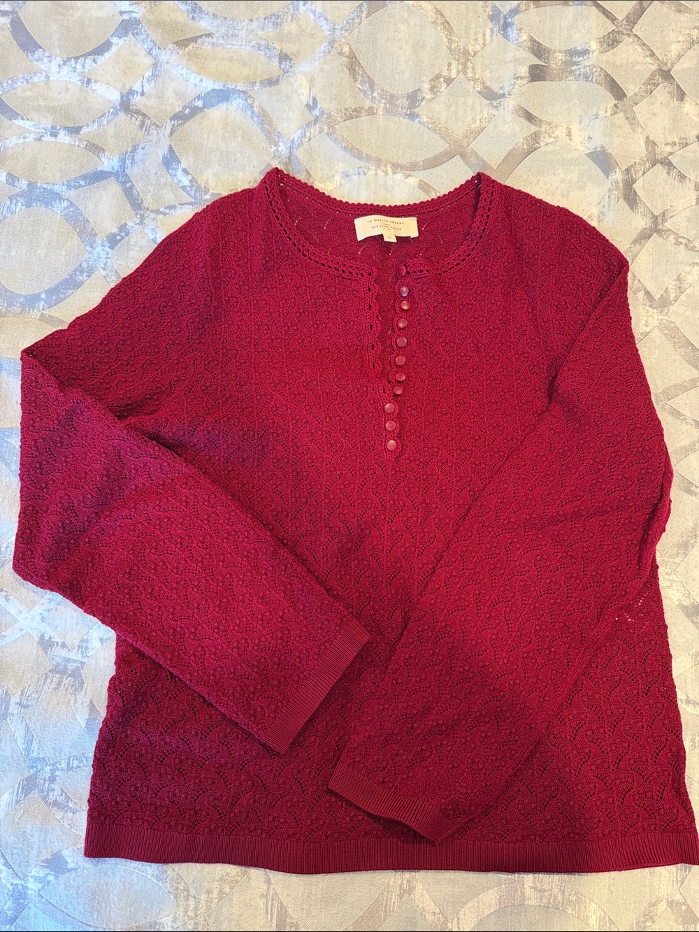 Sezane Textured Button-Placket Crew Sweater in Deep Berry
